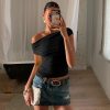 Personality Street Simple Graceful Solid Color Diagonal Collar Top For Women - Image 2