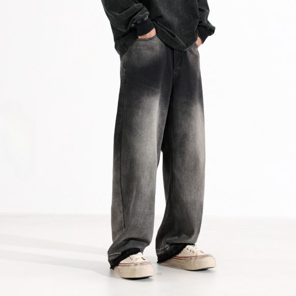 American-style Heavy Washed Black And Gray Straight Jeans Men's Loose Wide Leg Casual Trousers - Image 3