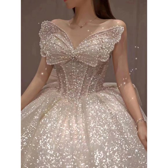 One-shoulder High-quality Long Trailing Heavy Industry Retro Wedding Dress - Image 5