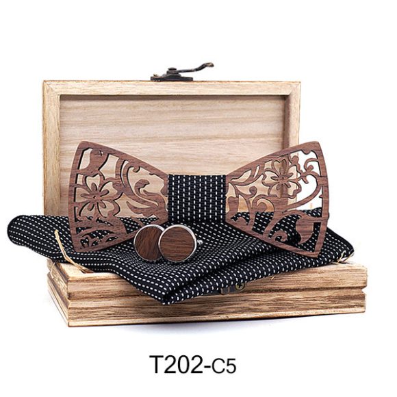 Wooden Hollow Fashion Bow Tie Cufflinks Set - Image 2