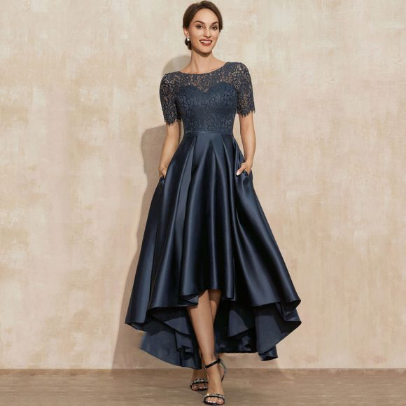 Navy Blue Satin Ball Lace Short Sleeve Dress - Image 5