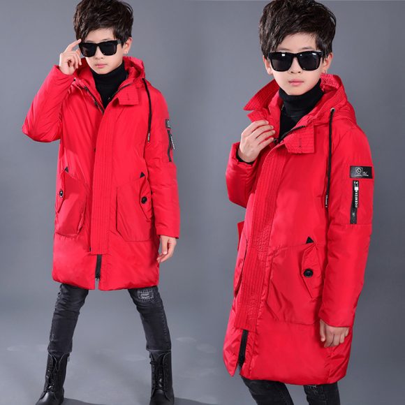 Boys Down Jacket Mid-length White Duck Down Hooded - Image 2