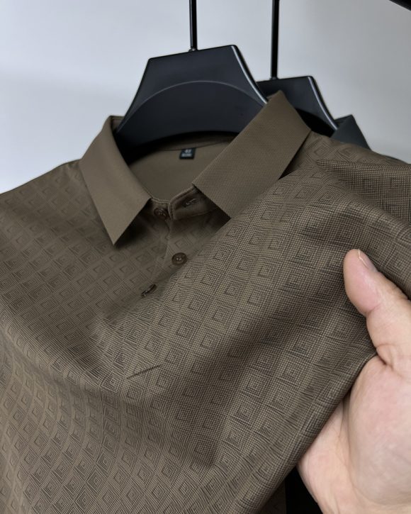High-end Elegant Ice Silk Short Sleeve T-shirt Men's Lapel Summer Plaid Polo Shirt - Image 6