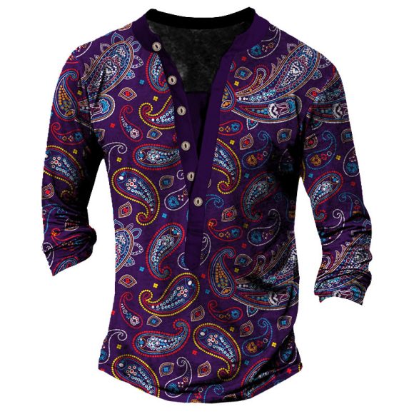 Printed Retro Fashion Casual Henry Neck Long Sleeves T-shirt - Image 3