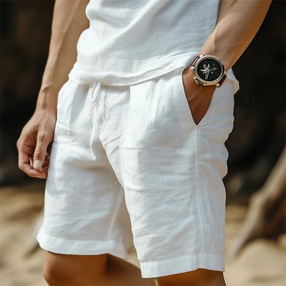 Men's Cotton And Linen Pocket Drawstring Elastic Waist Shorts - Image 5