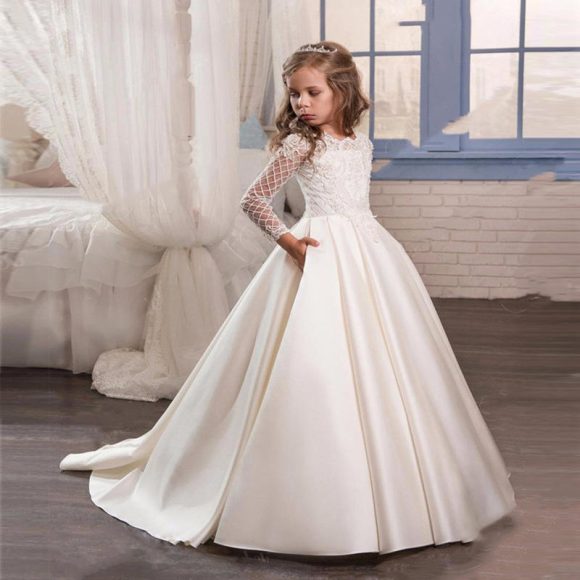 Little Girl Long Sleeve Dresses Champagne - Image 2