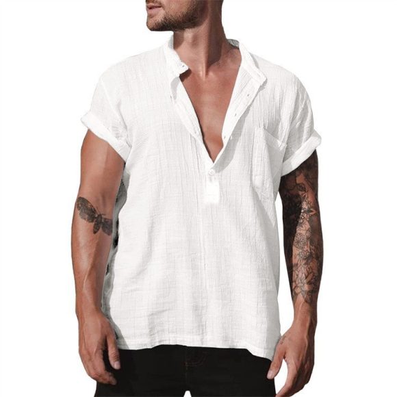 Loose Stand Neck Solid Color Pocket Short Sleeve Shirt - Image 3