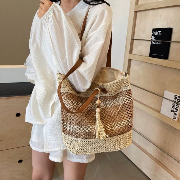Summer Stripe Straw Sholder Bags With Tassel Pendant Fashion Large Capacity Seaside Vacation Beach Bags - Image 2