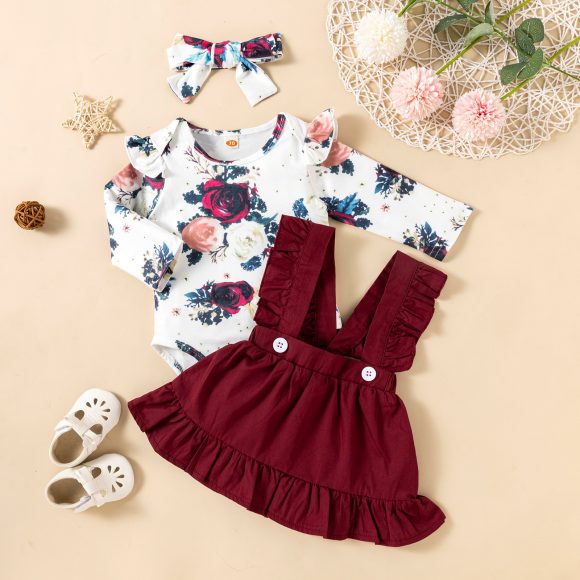 Printed Long-sleeved Baby Girl Romper Two-color Strap Ruffled Dress Headdress Three Pieces - Image 6
