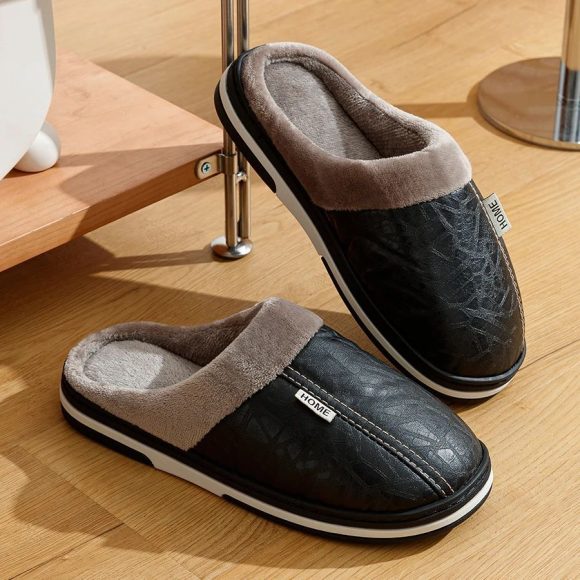 PU Leather Big Sizes Slippers Indoor Waterproof Fur Flat - Image 7