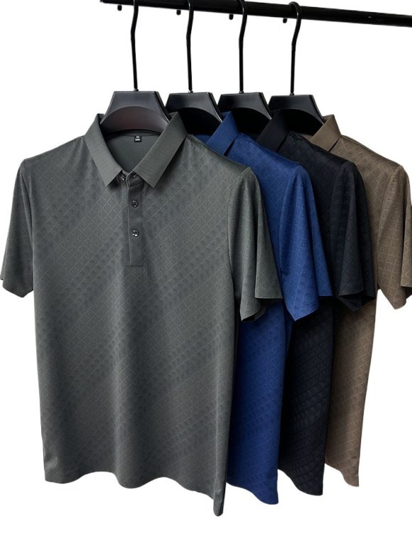 High-end Elegant Ice Silk Short Sleeve T-shirt Men's Lapel Summer Plaid Polo Shirt - Image 3