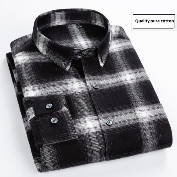 Cotton Brushed Plaid Long-sleeved Shirt Business Casual Cotton Men's Shirt Autumn And Winter - Image 6