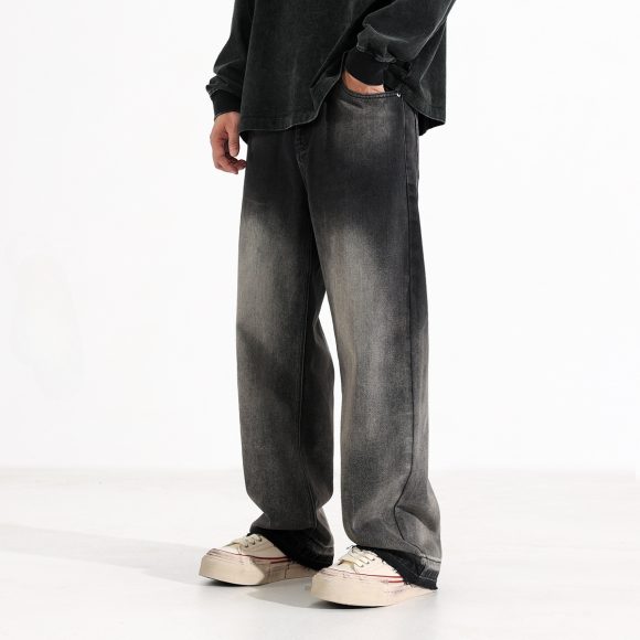 American-style Heavy Washed Black And Gray Straight Jeans Men's Loose Wide Leg Casual Trousers - Image 2