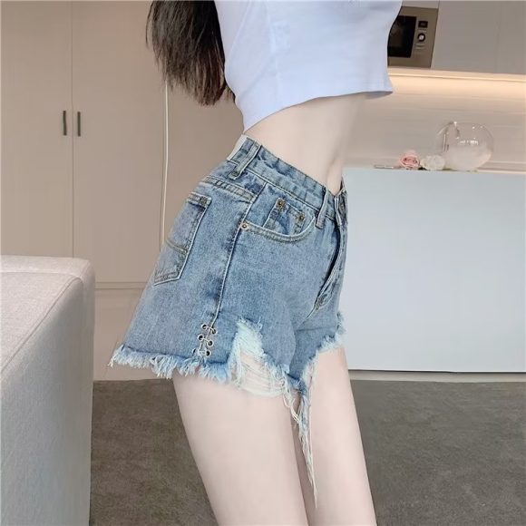 Micro Elastic High Waist Slimming Holes Frayed Vintage Denim Shorts - Image 6