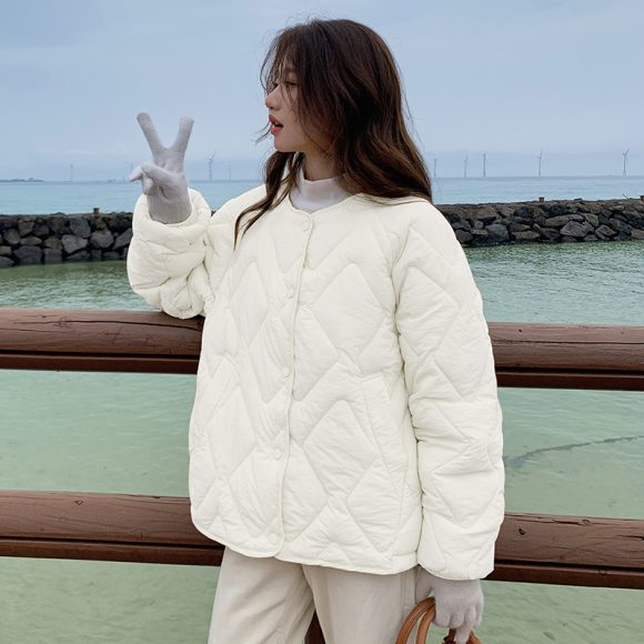 Korean Style Down Cotton Jacket Women's Short Light Round Neck - Image 5