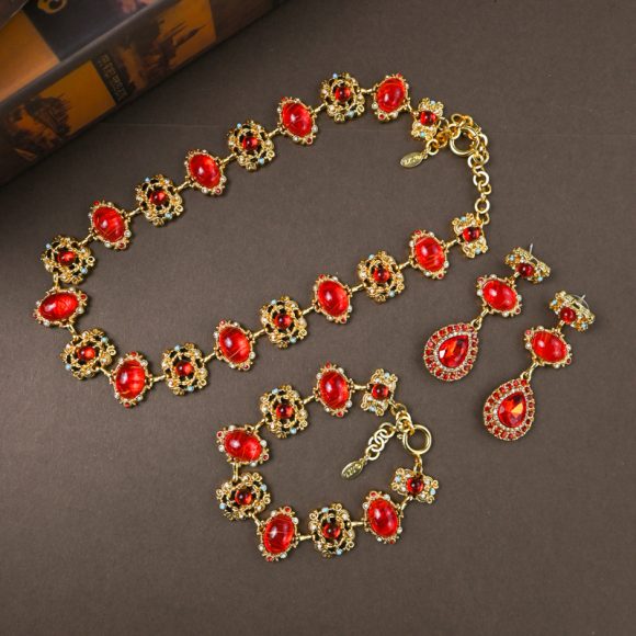 Glass Hollow Jeweled Necklace Bracelet Earring Set - Image 4
