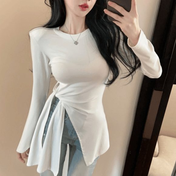 Irregular Slit Waist-tight Strap Long-sleeved T-shirt Women - Image 4