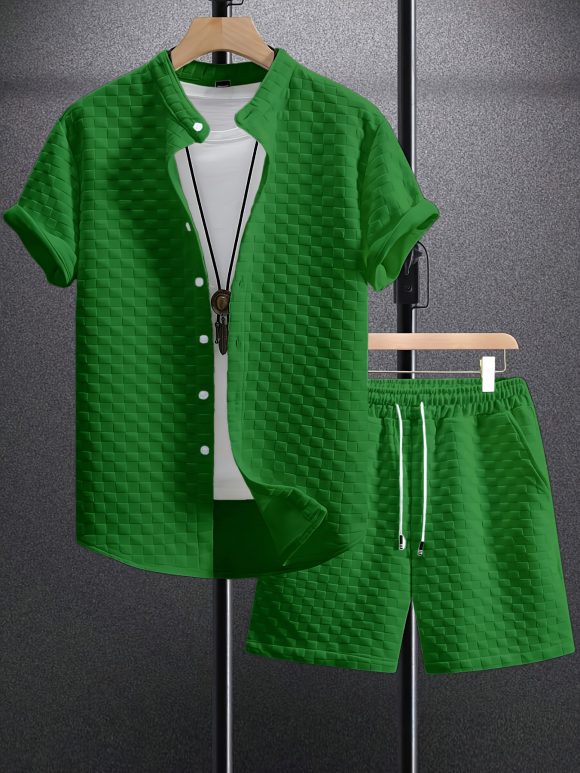 Men's Jacquard Casual Short Sleeve Shirt Outfit - Image 6