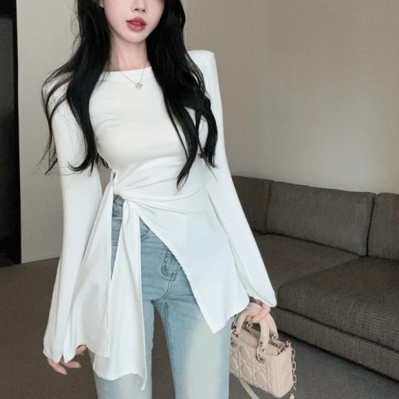 Irregular Slit Waist-tight Strap Long-sleeved T-shirt Women - Image 2