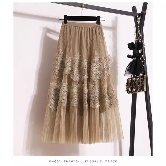 Embroidered Floral Lace Pleated A- Line Cake Dress Midi Skirt - Image 6