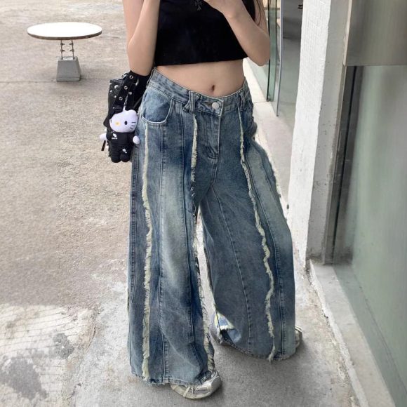 Retro High Waist Slimming Raw Edges Design Stitching Jeans - Image 5