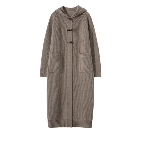 Long Below Knee Thickening Hooded Sweater Horn Button Trench Coat - Image 7