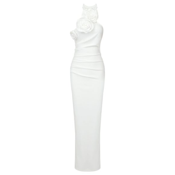 New Style White Ribbon Flower Halter Long High Sense Dress - Image 4