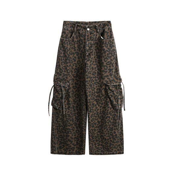 Vintage Leopard Print Wide Leg Pants Washed Old Large Pocket Overalls - Image 6