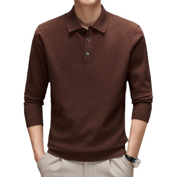 Knitwear Polo Collar Solid Color Long Sleeve Men's Sweater - Image 7