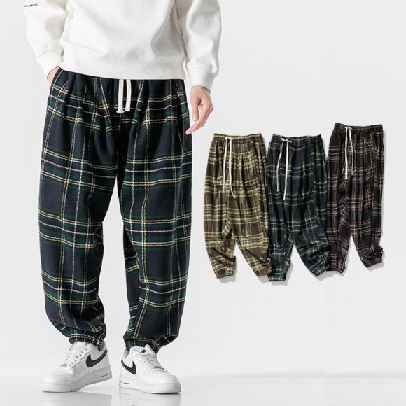Hong Kong Style Plus Size Woolen Casual Harlan Plaid Pants