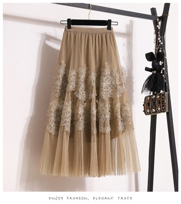 Embroidered Floral Lace Pleated A- Line Cake Dress Midi Skirt - Image 9