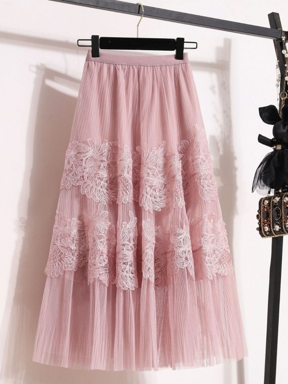 Embroidered Floral Lace Pleated A- Line Cake Dress Midi Skirt - Image 5