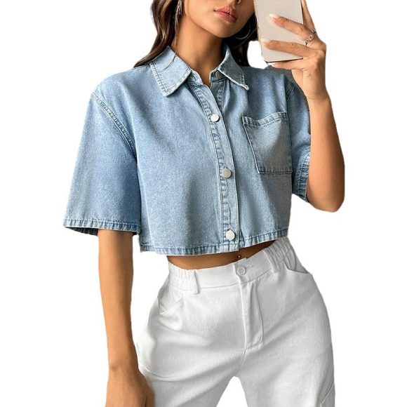Fashion Thin Denim Small Waistcoat Short Sleeve Shirt - Image 2