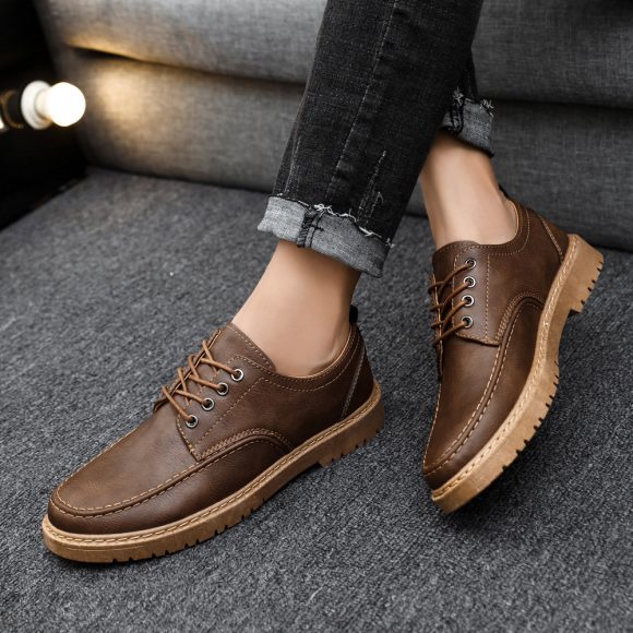 Plus Size Handsome Lace Up Casual Youth British Black Leather Shoes Men
