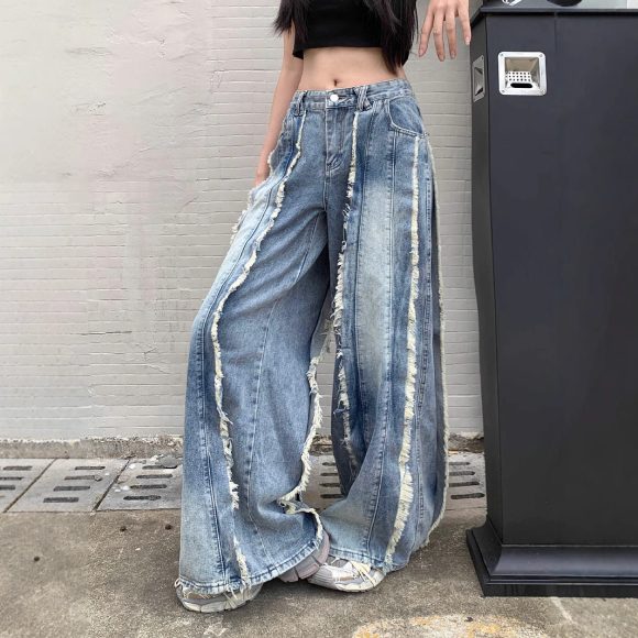 Retro High Waist Slimming Raw Edges Design Stitching Jeans - Image 2