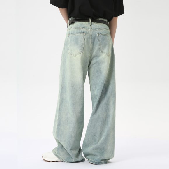 Retro Light Color Stitching Design Straight Wide Leg Jeans - Image 2
