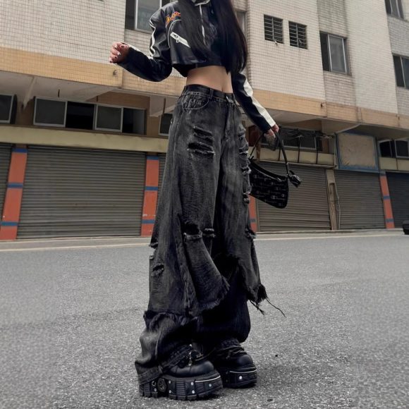 High Street Distressed Cargo Jeans Wide Leg Trousers - Image 3