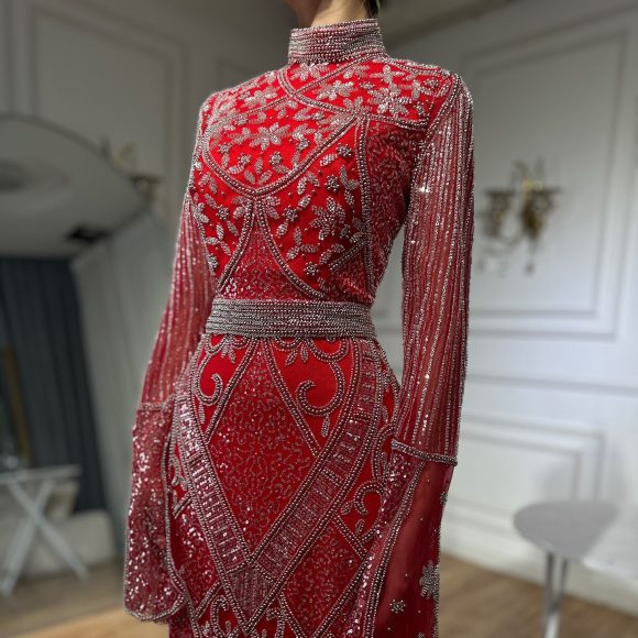 Red High Collar Fishtail Evening Long Dress - Image 4