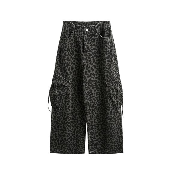 Vintage Leopard Print Wide Leg Pants Washed Old Large Pocket Overalls - Image 7
