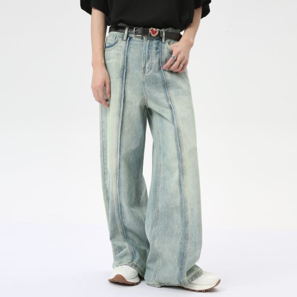Retro Light Color Stitching Design Straight Wide Leg Jeans - Image 6
