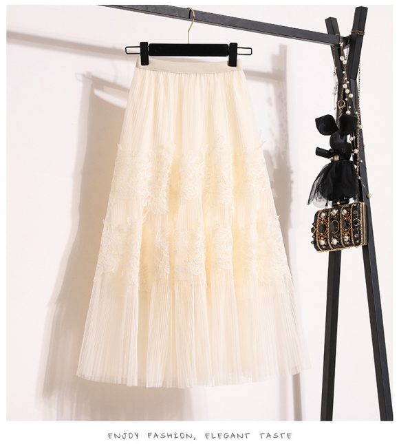 Embroidered Floral Lace Pleated A- Line Cake Dress Midi Skirt - Image 7