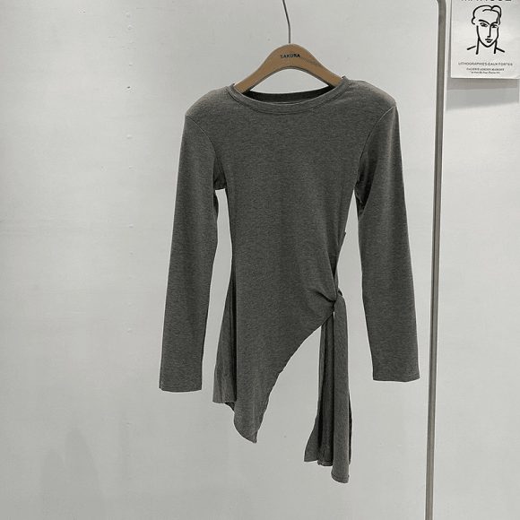 Irregular Slit Waist-tight Strap Long-sleeved T-shirt Women - Image 5