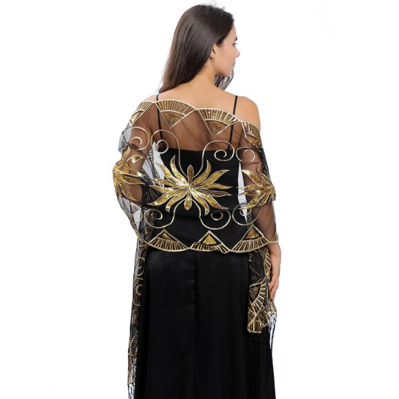 Long Sequined Embroidered Feather Shawl - Image 3