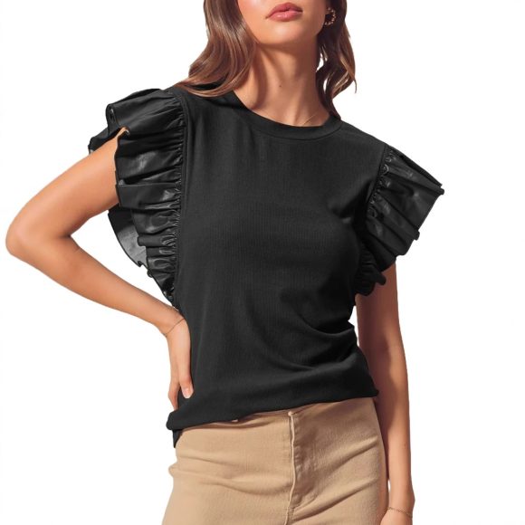 Pullover Women's Mesh Stitching Ruffle Cotton Short Sleeve Solid Color T-shirt - Image 4