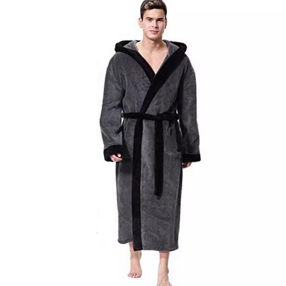 Men's Simple Colorblock Hood Patch Pocket Bathrobe - Image 3