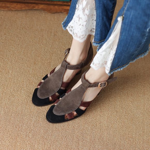 Retro Hollowed Toe Box Roman Sandals Color Matching Round Toe High Heels - Image 3