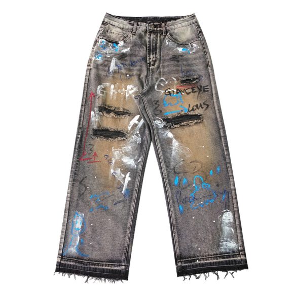 Street Graffiti Ripped Jeans Men And Women Loose Straight Neutral - Image 5