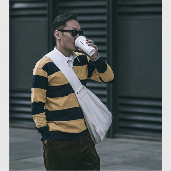 Men's Polo Collar Stripes T-shirt Retro Long Sleeve - Image 3