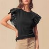 Pullover Women's Mesh Stitching Ruffle Cotton Short Sleeve Solid Color T-shirt