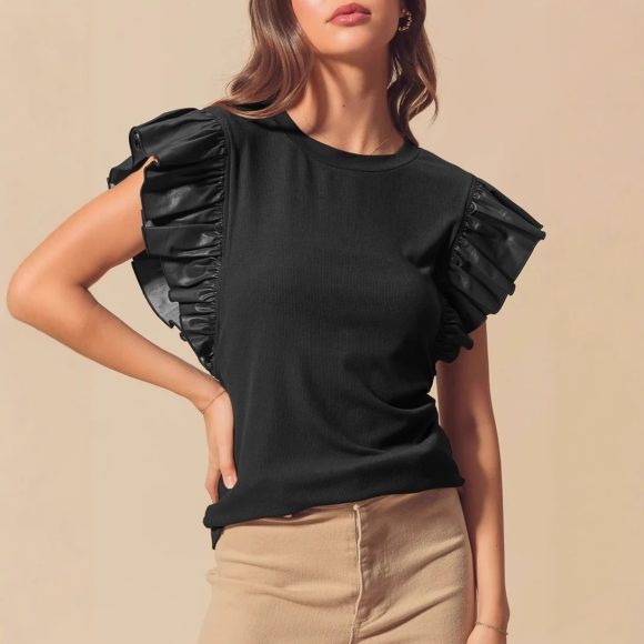Pullover Women's Mesh Stitching Ruffle Cotton Short Sleeve Solid Color T-shirt